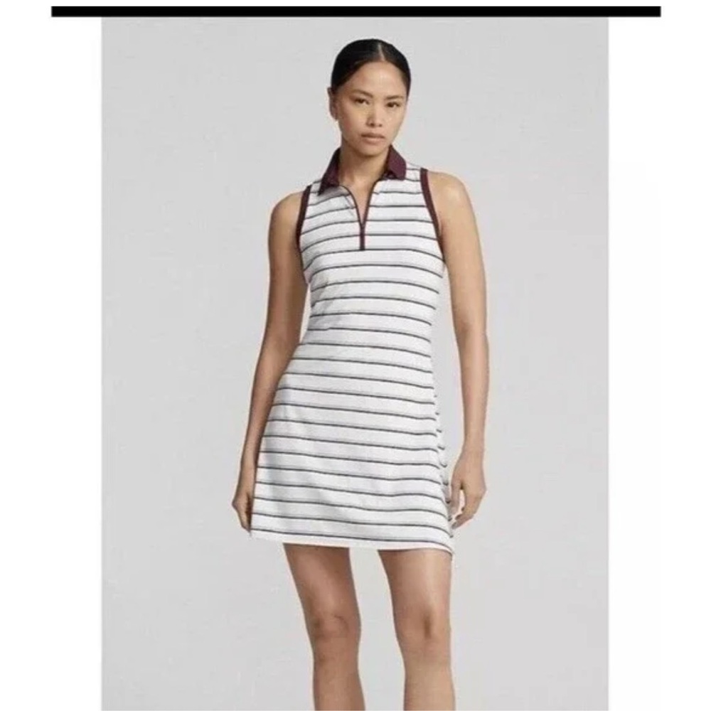 RLX Ralph Lauren White Striped Polo Mini Dress with Burgundy Trim